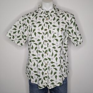 Spencer's White Green Sweary Cactus Short Sleeve Cotton Button Up L